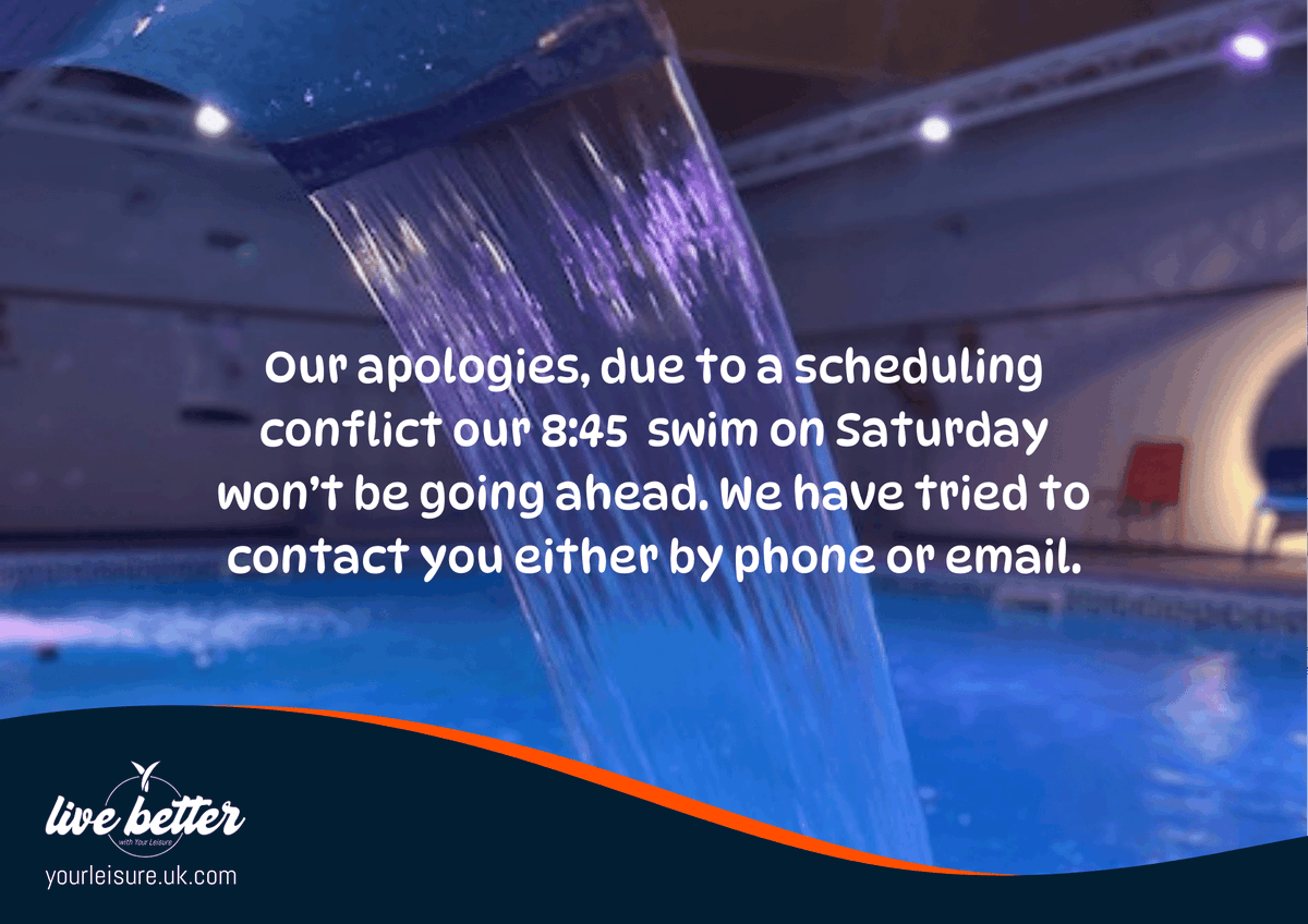 bluewavecomplex's tweet photo. Our apologies, due to a scheduling conflict our 8:45 swim on Saturday will be cancelled. This has been done on the system so you don't have to do anything. We have tried to contact you either by phone or email. https://t.co/15q9Y0QfIK