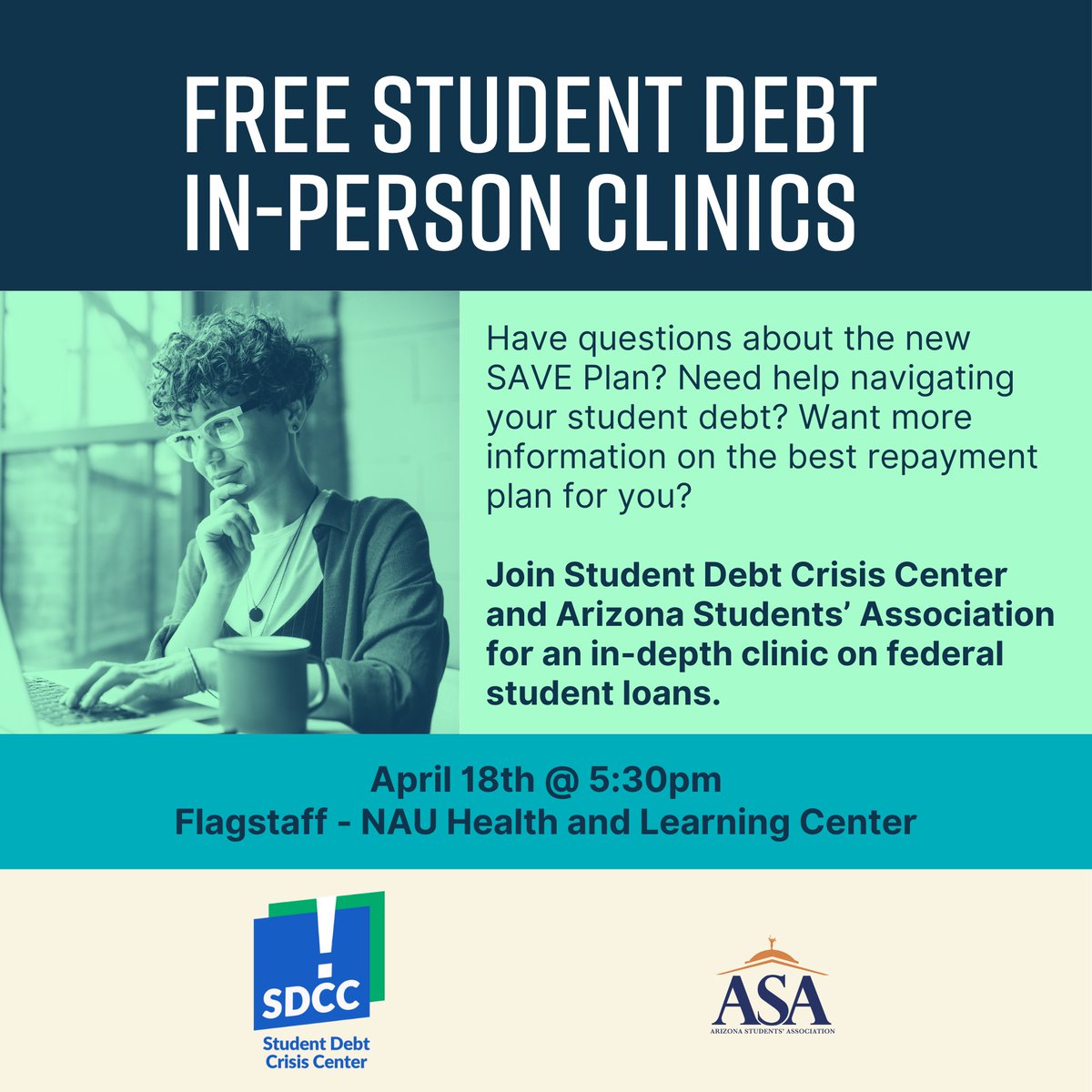 DebtCrisisOrg's tweet photo. Hey Arizona – Need help navigating your federal student loans? Join @debtcrisisorg for in-depth clinics to help borrowers get enrolled in repayment plans and save money.
Flagstaff: https://t.co/kwnyfAl6Pw
Phoenix: https://t.co/aN7MVTr6VQ
Tucson: https://t.co/98kpQqTS7d https://t.co/YElFdjegzn