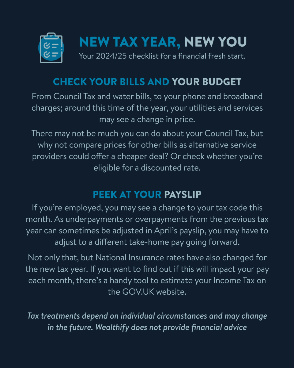wealthify_com's tweet photo. Forget January. Hello April and the 2024/25 tax year! 📅
Here are our top things to consider doing now that the new one is here. ✅
(Tax treatments depend on individual circumstances and may change in future. Wealthify does not provide advice)
#moneygoals #taxcodes #budgeting https://t.co/iYb0XtrKc8