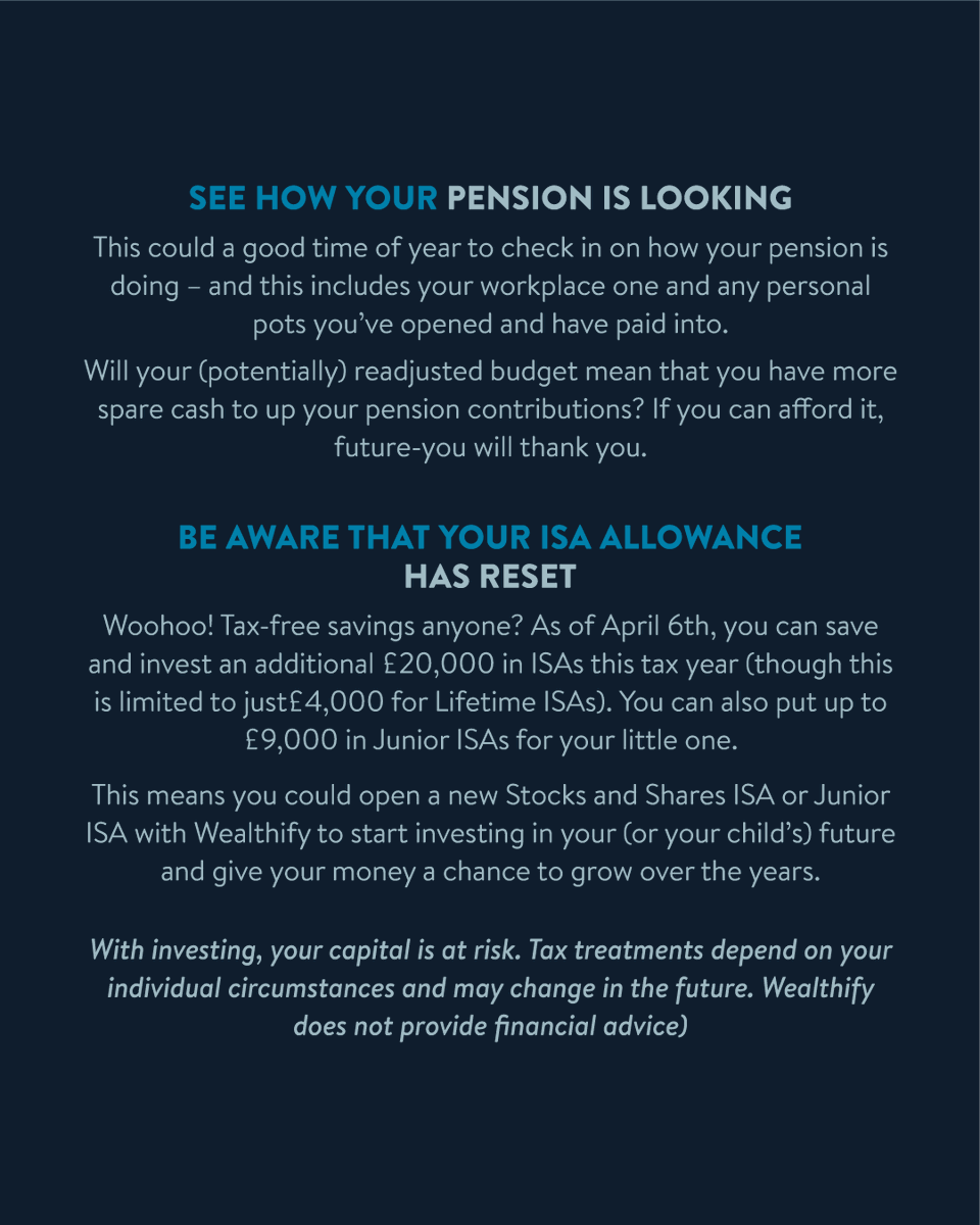 wealthify_com's tweet photo. Forget January. Hello April and the 2024/25 tax year! 📅
Here are our top things to consider doing now that the new one is here. ✅
(Tax treatments depend on individual circumstances and may change in future. Wealthify does not provide advice)
#moneygoals #taxcodes #budgeting https://t.co/iYb0XtrKc8