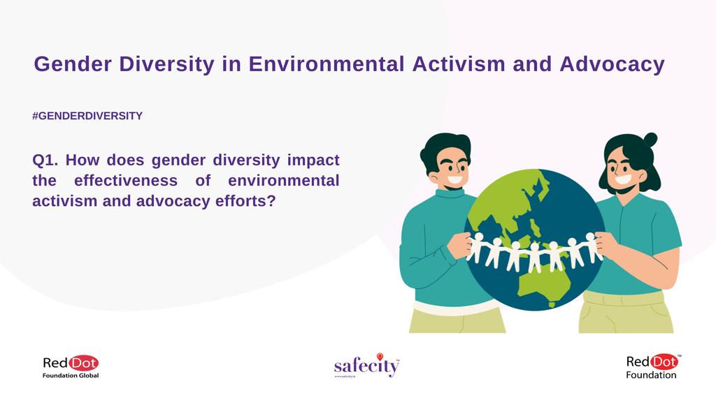 Let’s begin with the first question.

1. How does gender diversity impact the effectiveness of environmental activism and advocacy efforts?

- You can tweet your answers with the question number (e.g. A1, A2, A3) 
- Use the hashtag #GenderDiversity

#Safecity #RedDotFoundation