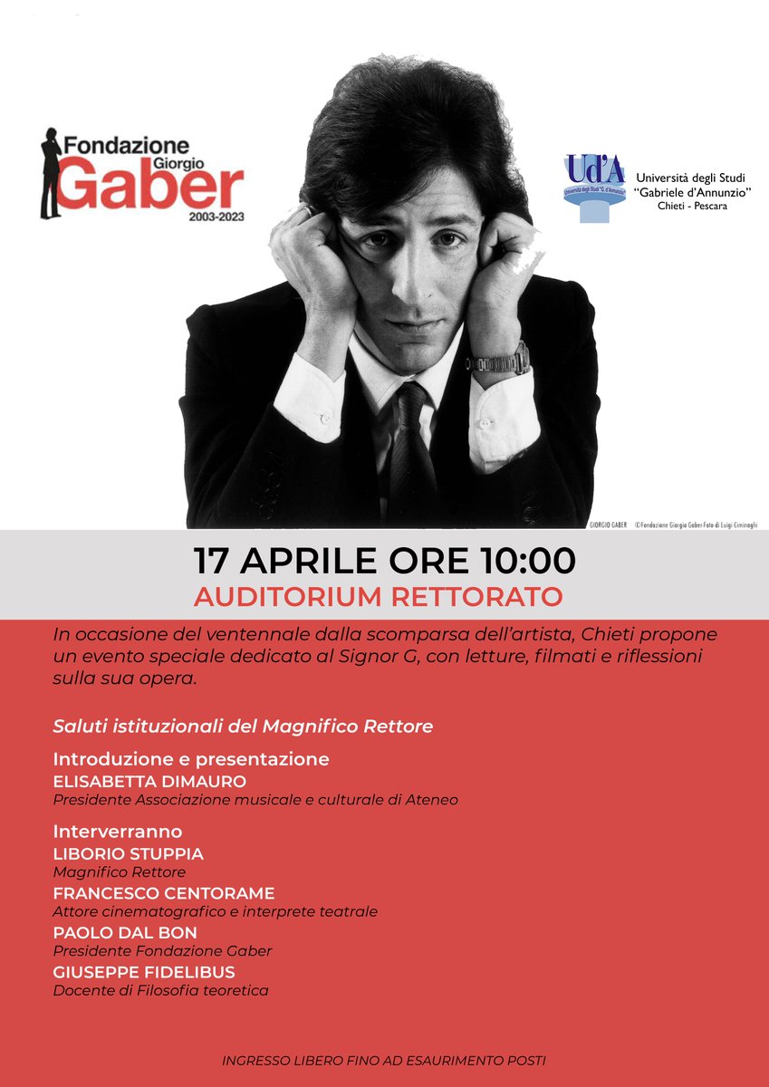 Mercoledì 17 aprile 2024, ore 10.00 - Auditorium Rettorato, Campus Chieti A venti anni dalla scomparsa di Giorgio Gaber, l’Ateneo d’Annunzio dedicherà al celebre artista un seminario organizzato in collaborazione con la Fondazione Gaber unich.it/news/ricordand…