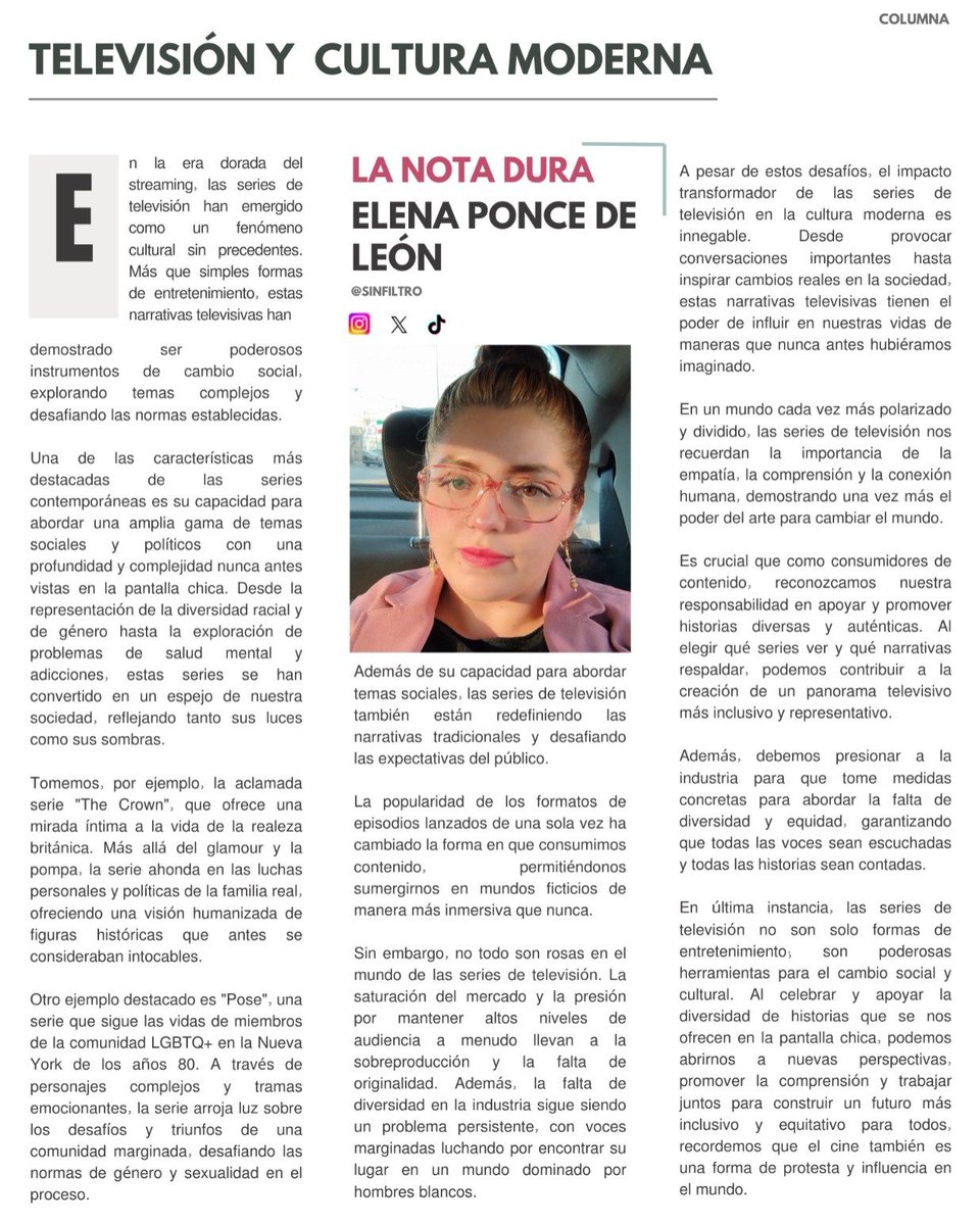 Silfiltro's tweet photo. Columna: Televisión y cultura moderna.
 Por: Elena Ponce de León.

 Síguenos en nuestro Instagram como @sinfiltroig y en nuestro tiktok como @sin_filtro_tk https://t.co/ytNbeSFZlg