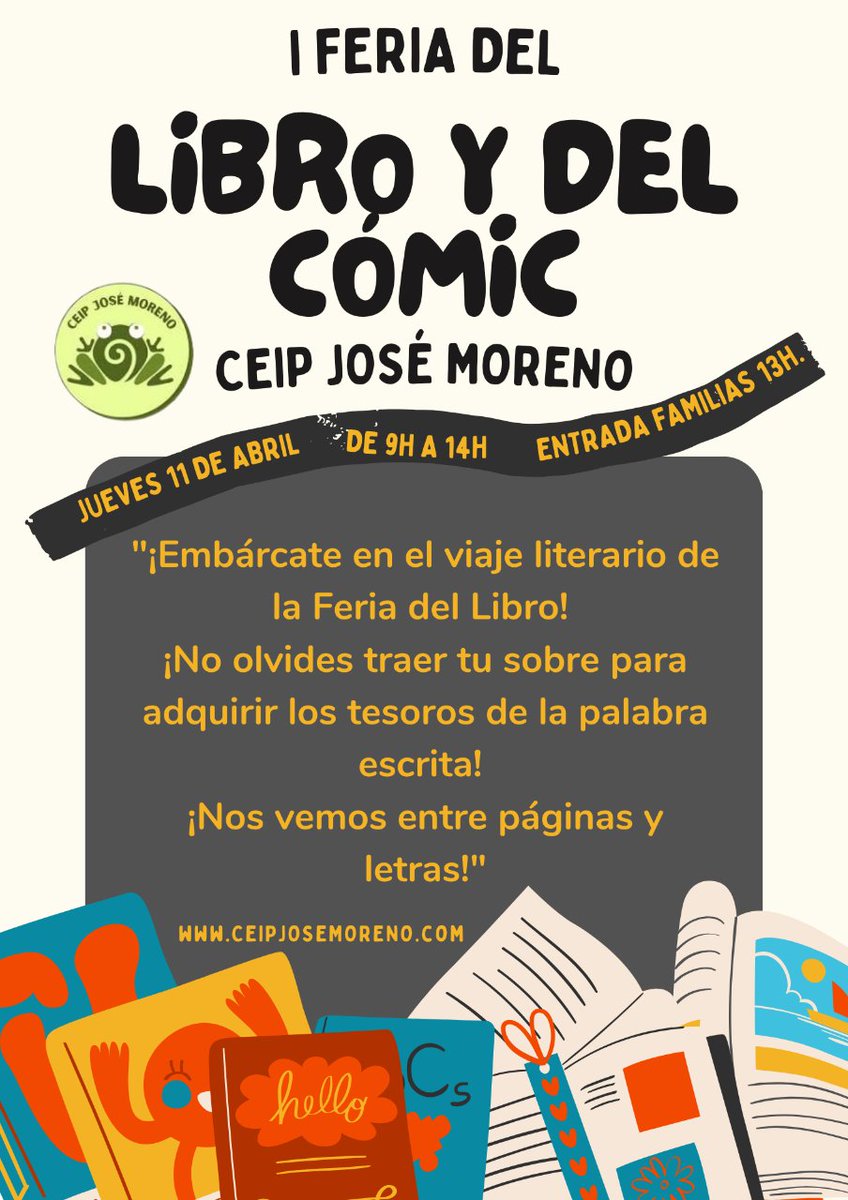MorenoCeip's tweet photo. ¡Este jueves 11 de abril, sumérgete en la magia de la I Feria del Libro y del Cómic! Patrocinada por Educiona y Rescate un Libro. Descubre mundos nuevos entre páginas y viñetas. ¡No faltes! 📚✨ #muchomásqueuncole #FeriaDelLibro #FeriaDelCómic @educiona #RescateUnLibro https://t.co/HHeE6EfcEx