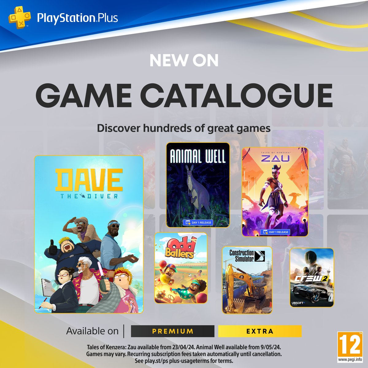 The PlayStation Plus Game Catalogue for April includes: ➕ Dave the Diver ➕ Tales of Kenzera: Zau ➕ The Crew 2 ➕ Construction Simulator …with Animal Well joining the lineup in May. Full details: play.st/3UcufpJ