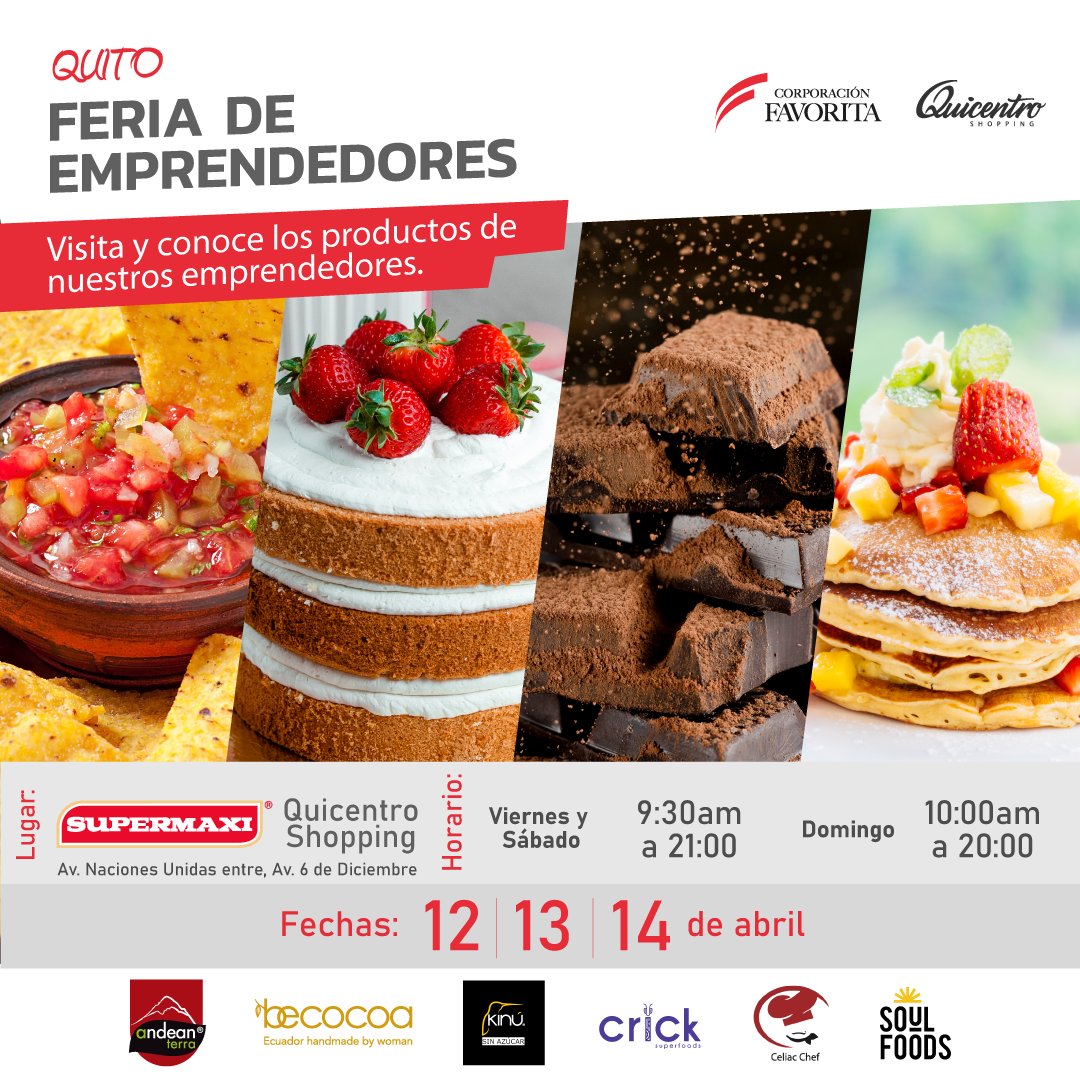 🎉No se pierda la Feria de Emprendimiento en Supermaxi en <a href="/QuicentroUIO/">Quicentro Shopping</a> este 12, 13 y 14 de Abril. Conozca una variedad de productos de: Andean Terra, BeCocoa Ecuador, Kinú - Productos sin Azúcar @SuperfoodsCric, Celiac Chef, Soul Foods - Alimentos Innovadores.
¡Le esperamos para