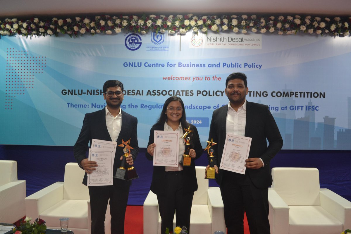 We are glad to announce that Avanish Kar & Nayani Gupta (Batch of 2026) and Tanu Rajangaonkar & Pardhu Makkena (Batch of 2025) have emerged as Runner Ups and 2nd Runner Ups respectively in the 1st GNLU- Nishith Desai Associates Policy Drafting Competition held in Gandhinagar.