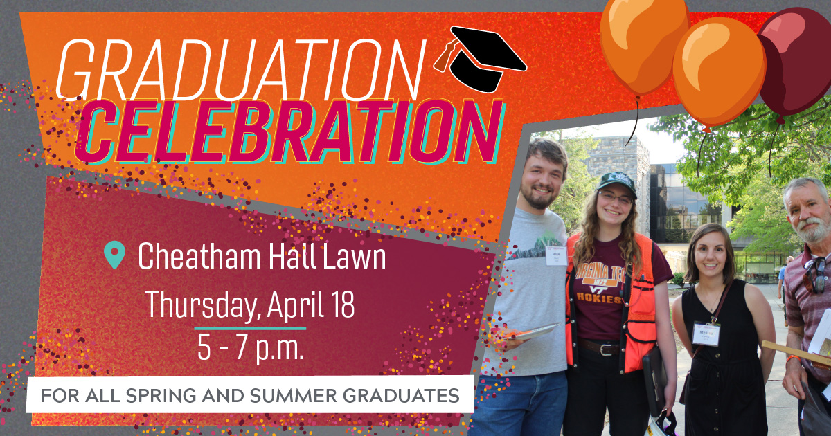 FINAL reminder! Graduating this spring or summer? Sign up for the CNRE Grad Celebration on April 18 from 5-7 p.m. Register by April 11: aimsbbis.vt.edu/cnrecelebration. There will be food and beverages, and we’ll plant the senior class tree. @vtfrec @vt_fishwild @sustainbiomtrls