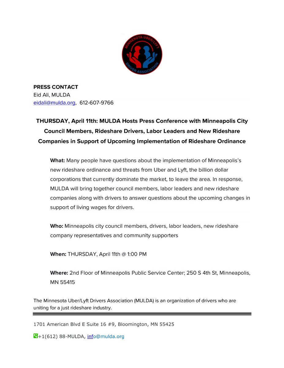 **MEDIA ADVISORY for THURSDAY, APRIL 11th** MULDA and Allies Host Press Conference