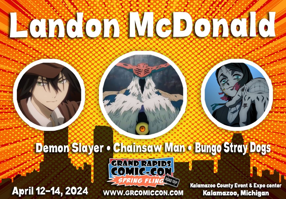 Make sure to meet Landon McDonald from 'Chainsaw Man', 'Bungo Stray Dogs', and 'Demon Slayer' at the Grand Rapids Comic-Con Spring Fling on April 12-14! @McMovieMan