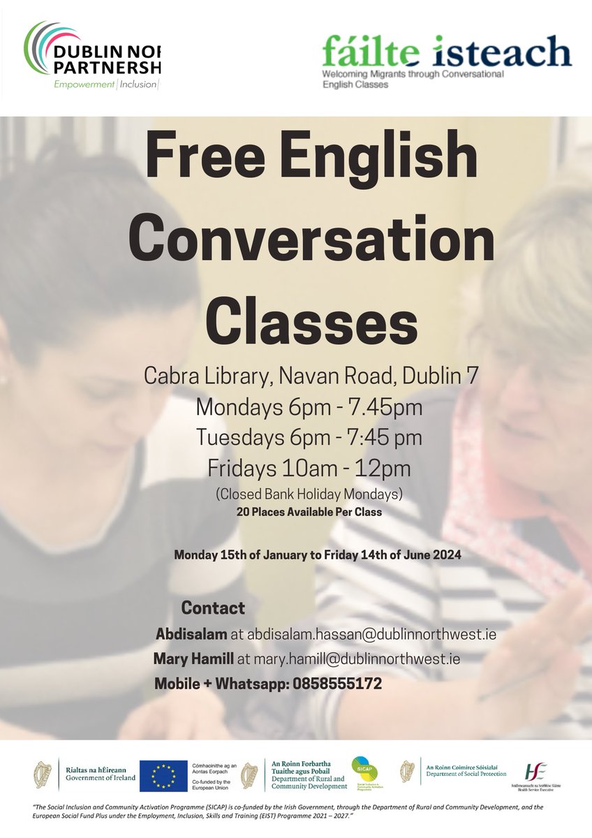 We run Free English Conversation Classes with Fáilte Isteach in #Ballymun and #Cabra If you'd like to come along, or know someone who might like to come, contact Abdisalam on 085 8555 172 or email abdisalam.hassan@dublinnorthwest.ie #euinmyregion #englishclasses #failteisteach