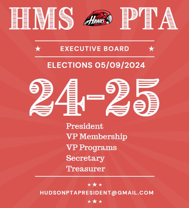 🖤❤️🅗🅤🅓🅢🅞🅝  🅟🅣🅐 is looking for people to fill several positions on the board for the 24-25 school year.  Elections will be held on May 9th.  Please complete this form if you are interested in serving in any of these roles or have questions.  ❤️🖤forms.gle/CuHrL2MU3XeKUt…