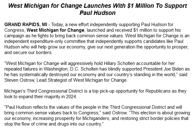 Inbox: Republican Paul Hudson's run in MI-3 is getting $1M in independent support from a new consultant-run super PAC calling itself West Michigan For Change.

He's hoping to unseat 1st-term incumbent Democrat Hillary Scholten, but first faces some GOP primary opponents.