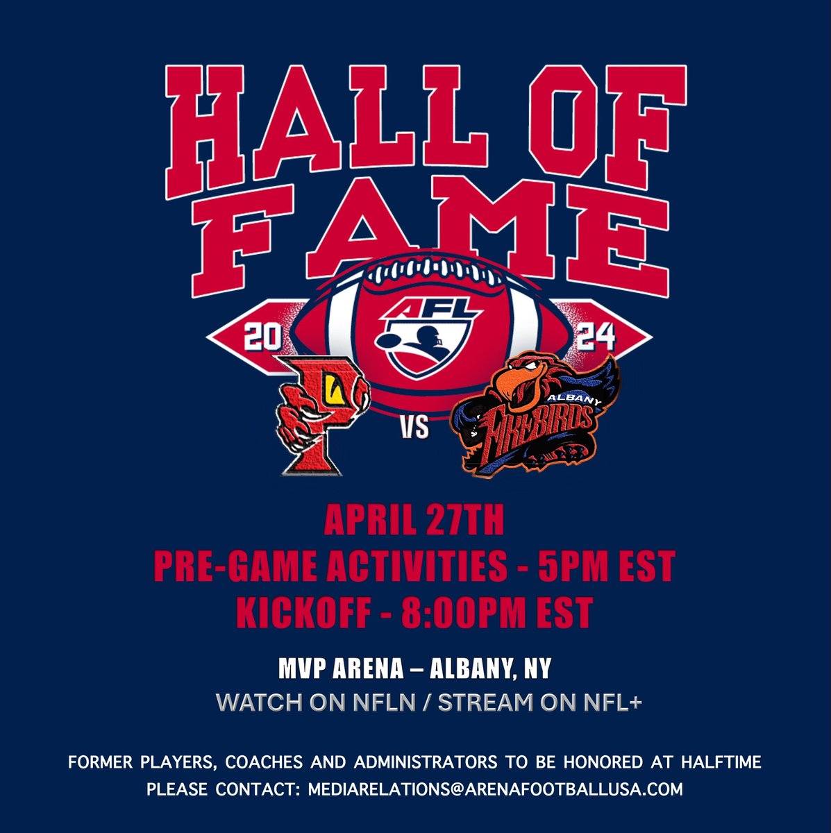 🏈 The wait is over! The 2024 Arena Football League season kicks off with a clash of titans as the @Predators_AFL face the @FirebirdsAFL 🏆 Join us on April 27th @ 8PM ESTalso a tribute to the legends of the past! – live on @nflnetwork #AFL2024 #OrlandoPredators #AlbanyFirebirds