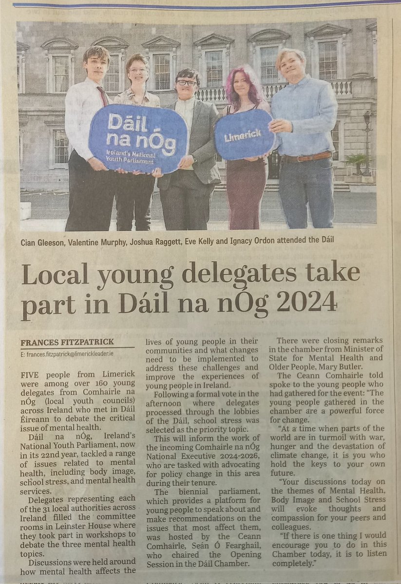 Dáil na nÓg '24🗣 A great feature in this week's @Limerick_Leader on our participation at the year's event at Leinster House. #lys @limerickyouth @ywirl @ComhairleNaNog1