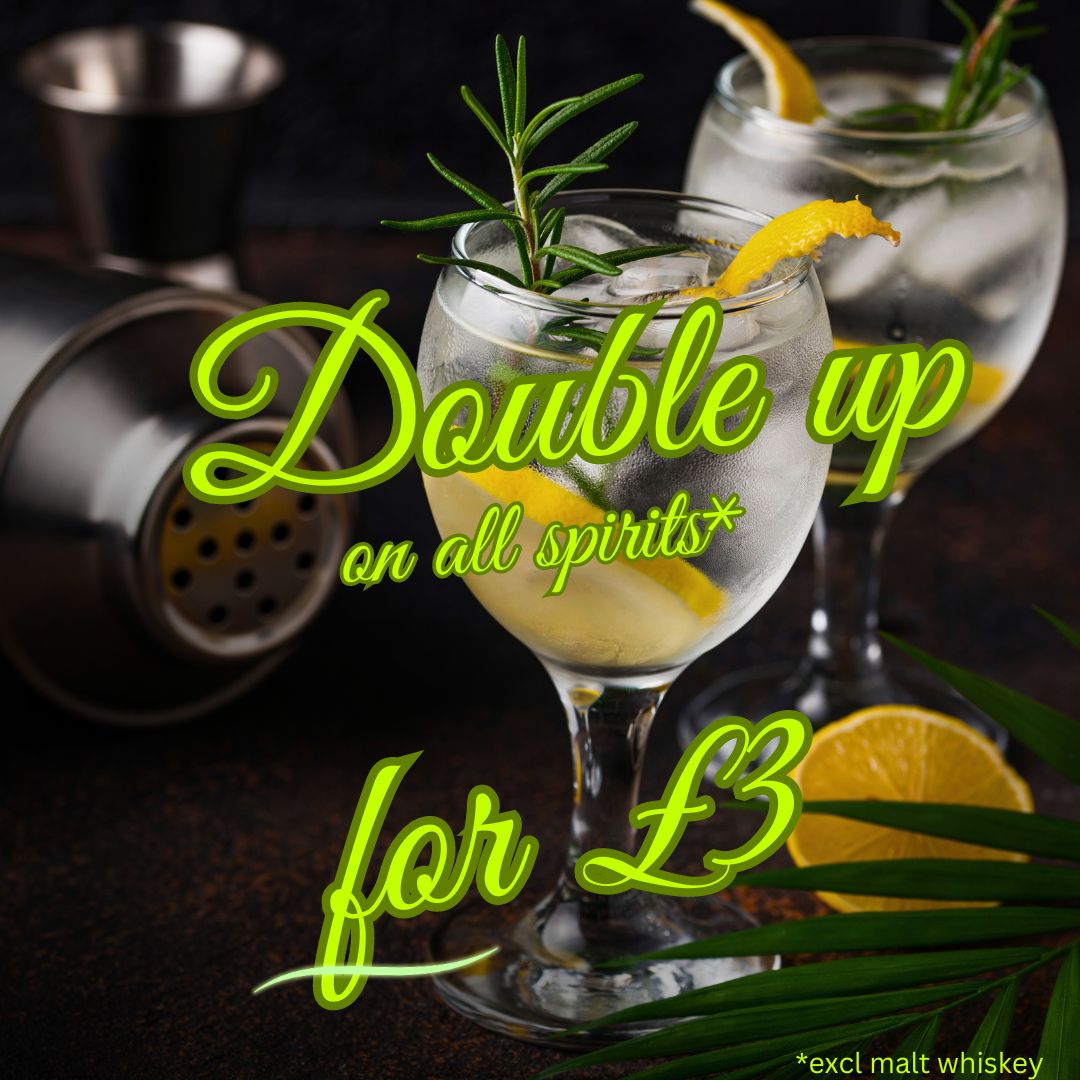 Fancy your favourite Tipple then why not Double up for a extra £3 and make it so much more yummy
Yeah that is correct and maybe its Gin, Vodka. Rum or maybe a cheeky pernod you can double it for £3
Available all day everyday
#gin #DoubleUp #rum #vodka #hertford #supportyourlocal