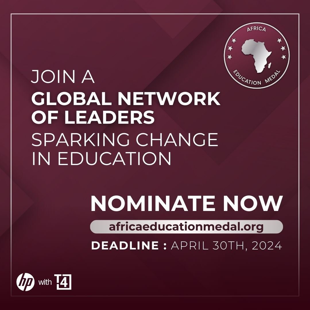 The Africa Education Medal, presented by T4 Education and HP, honours the dedication of individuals shaping a world where every child thrives in education.

Nominate changemakers in education today at africaeducationmedal.org! 🚀

#EducationExcellence #WorldEduMedals #NominateNow