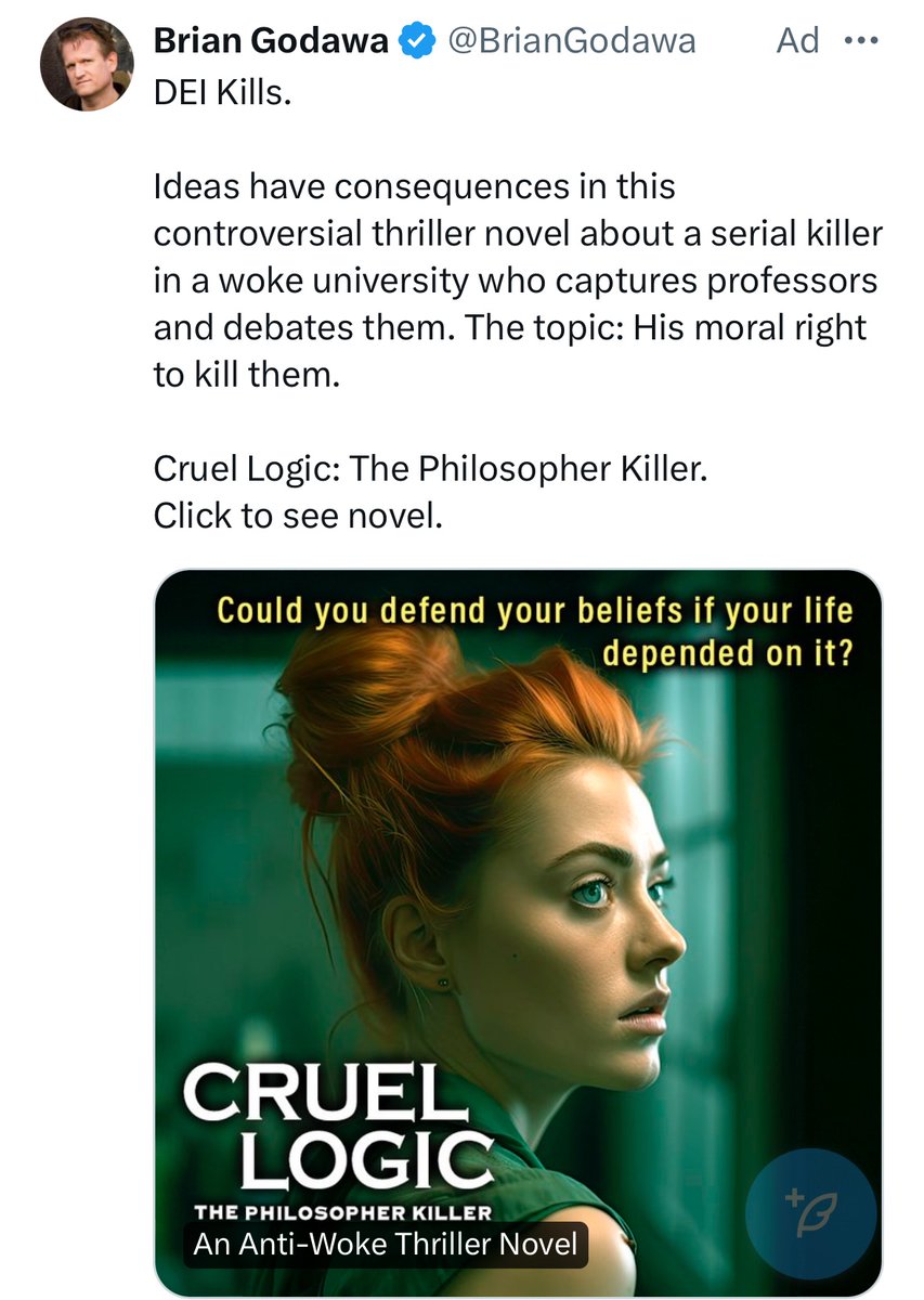 obsessed with this ad for an AI generated anti-woke novel. the future is amazing.