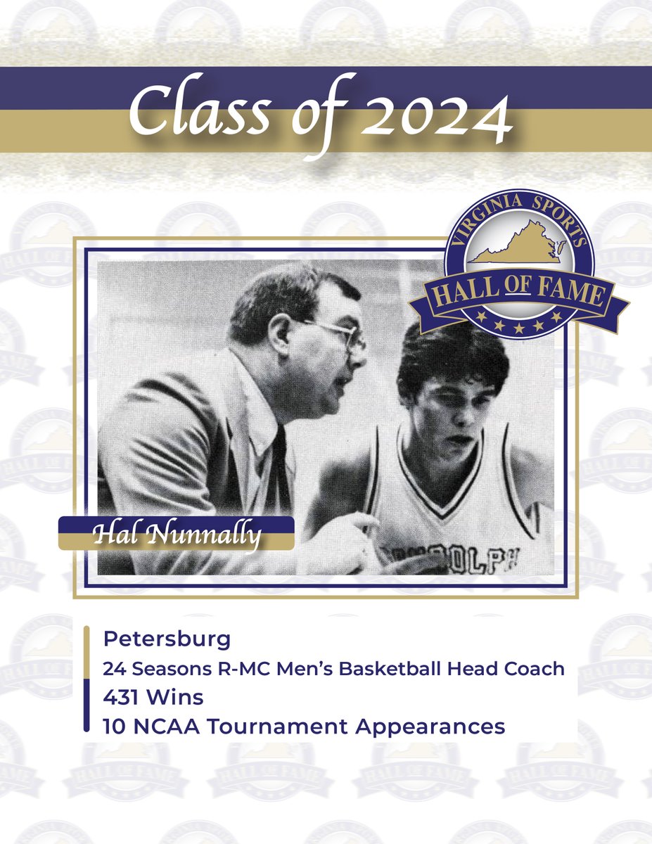 10 days to the 2024 Induction! Did you know that Hal Nunnally became the winningest coach in @RMCHoops history with 431 victories. He was 1 of just 4 men's coaches in VA to collect 400+wins at one institution at the time of his retirement! @Henrico_SEA vasportshof.com/2024-induction…