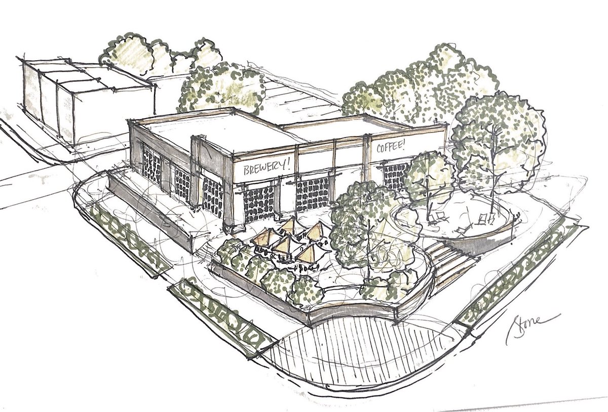 Been trying to keep gears turning w/ a quick sketch each morning. Here’s a concept for a new commercial building on property where a chunk of unused ROW on the street corner could be reimagined as public space to support new tenants.