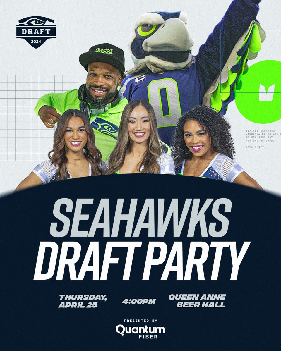 You're invited. 📨 Join us for our 2024 Seahawks Draft Party, presented by @QNTMFiber, at Queen Anne Beer Hall! The festivities begin on Thursday, April 25, but we'll be hanging around all weekend long. Entry is FREE! Learn more: shwks.com/urgluunk