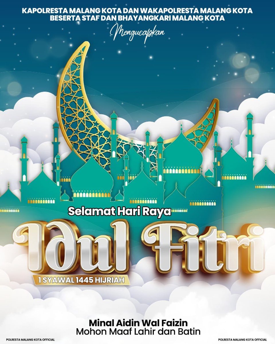 Keluarga besar Polresta Malang Kota mengucapkan Selamat Hari Raya Idul Fitri 1445 Hijiriah Jadikan semangat #LebaranBahagiaBersama sebagai kekuatan kebersamaan dalam membangun Bangsa