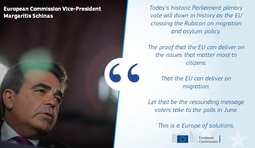 After nearly a decade of blockade, the @Europarl_EN has voted to adopt the Pact on #Migration and Asylum - the complete overhaul of EU migration laws. It is done. Europe will manage migration in an orderly way, and on our terms.