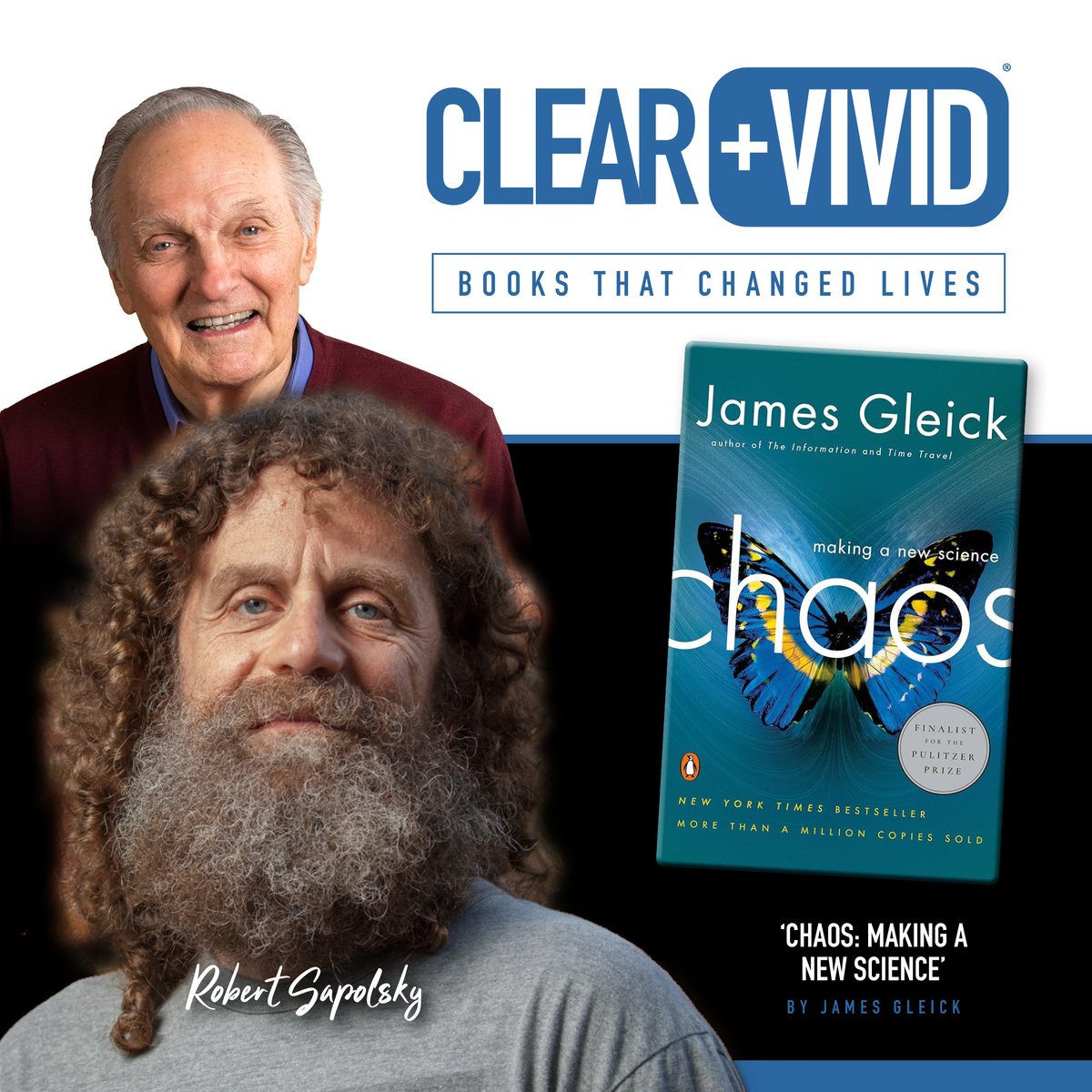 This week on #CVBooksThatChangedLives we have Robert Sapolsky's choice - 'Chaos: Making a New Science' by James Gleick.
Listen to their entire chat here: bit.ly/48izrfL 

After production costs, all proceeds of #ClearAndVivid go to @AldaCenter. 🗣️💙