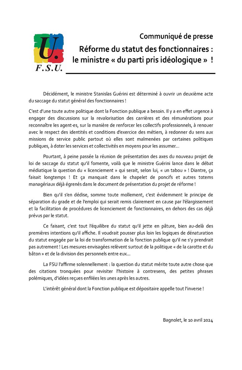 Communiqué de la FSU : Stanislas Guerini est déterminé à ouvrir un deuxième acte du saccage du statut général des fonctionnaires ! C’est d’une toute autre politique dont la Fonction publique a besoin.