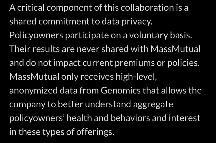 Major news on the use of polygenic scores to optimise healthcare in the US 👇👇👇 Very important that the arrangement respects participant privacy (excerpt from Mass Mutual press release) massmutual.com/about-us/news-…