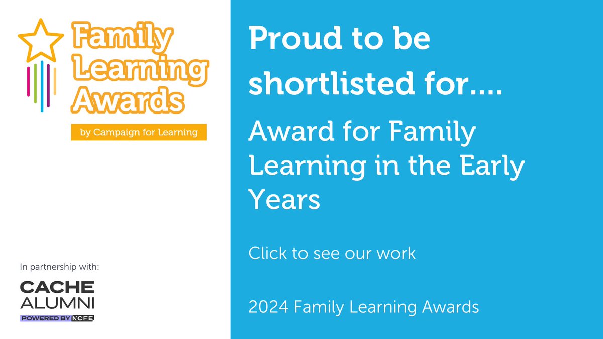 🎉We’ve been shortlisted in the #EarlyYears category for the @CForLearning Family Learning Awards! The awards celebrate imaginative, innovative and inclusive ways of delivering learning opportunities to families. Find out more at bit.ly/FLAwards2024