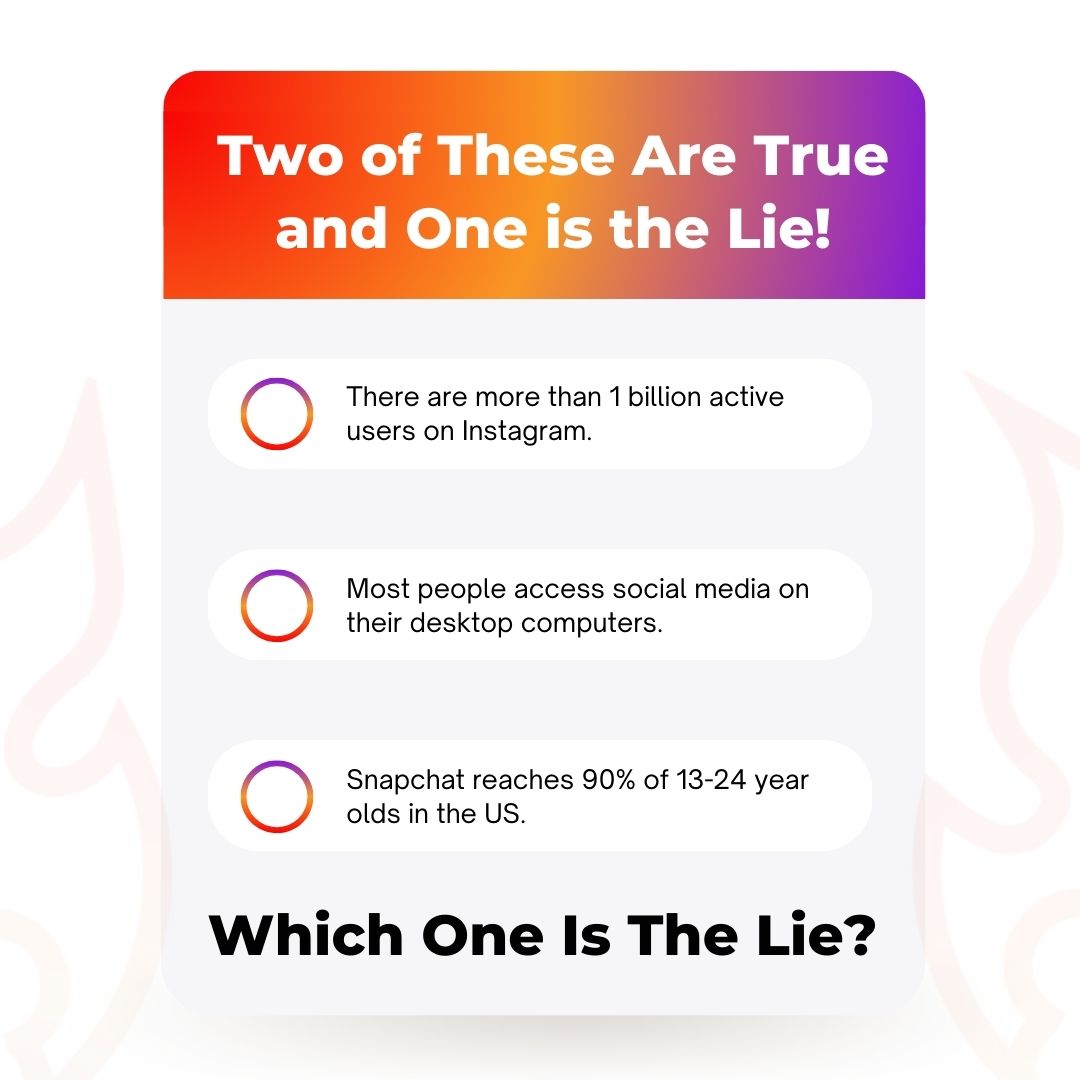 And the lie is... (2)! More people access social media on their mobile devices than desktop computers. Mobile optimization is a must these days! 📱

#MobileMarketing #TwoTruthsAndALie