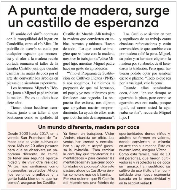 El periódico Vida de @infopresidencia destaca la historia del Castillo del Mueble, un proyecto familiar en Tumaco que, con el apoyo de la DSCI, opta por trabajar la madera en lugar del cultivo de coca para consolidar una economía local sostenible 👇 bit.ly/44a3LJ7