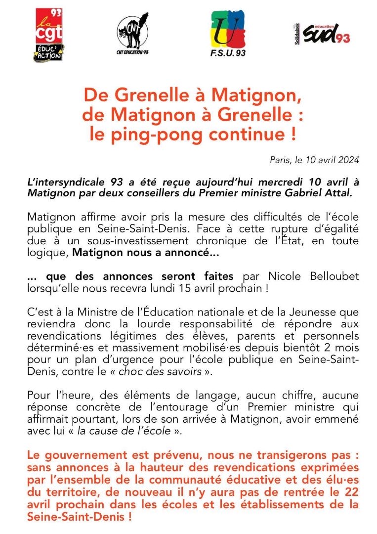 🏓 L’intersyndicale a été reçu à Matignon. Ils nous ont annoncé qu’ils avaient pris la mesure du problème et que ⁦<a href="/NBelloubet/">Nicole Belloubet</a>⁩ annoncera des mesures le 15/04. ⁦Si ces annonces ne sont pas à la hauteur, il n’y aura pas de rentrée en avril !  🪧✊🏻#PlanDUrgence93 #Ecole