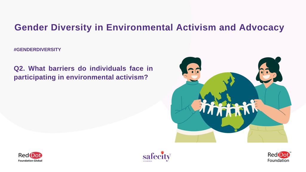 2. What barriers do individuals face in participating in environmental activism?

- You can tweet your answers with the question number (e.g. A1, A2, A3) 
- Use the hashtag #GenderDiversity

#Safecity #RedDotFoundation