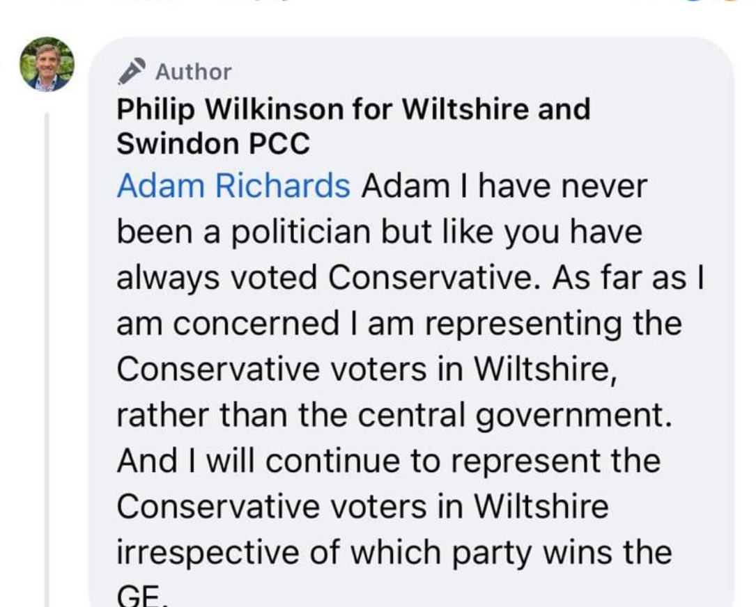 Turns out <a href="/pwilkinson_pcc/">Philip Wilkinson: PCC Wiltshire and Swindon</a> doesn’t want to represent all of Wiltshire in post but *only* the Tories.  Fox hunting Tories no doubt.  Someone needs to remind him he’s supposed to work for the whole county when in post. 
Vote him out.