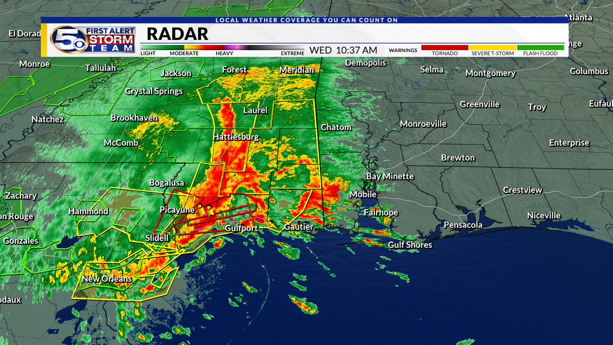 SEVERE THUNDERSTORM WARNING (10:30 AM) - For Greene, George and Jackson counties until 11:30 AM. 70 mph winds are possible in these storms. We are also watching for areas of rotation.