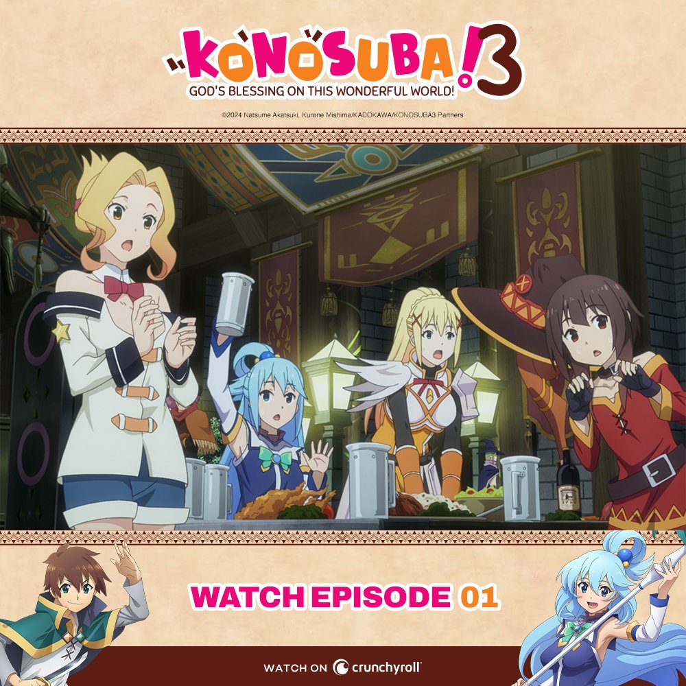 The adventure continues! the first episode of KONOSUBA -God's blessing on this wonderful world! 3 is now streaming on @Crunchyroll! 📺 Watch it now: got.cr/konosubas3e1-tw