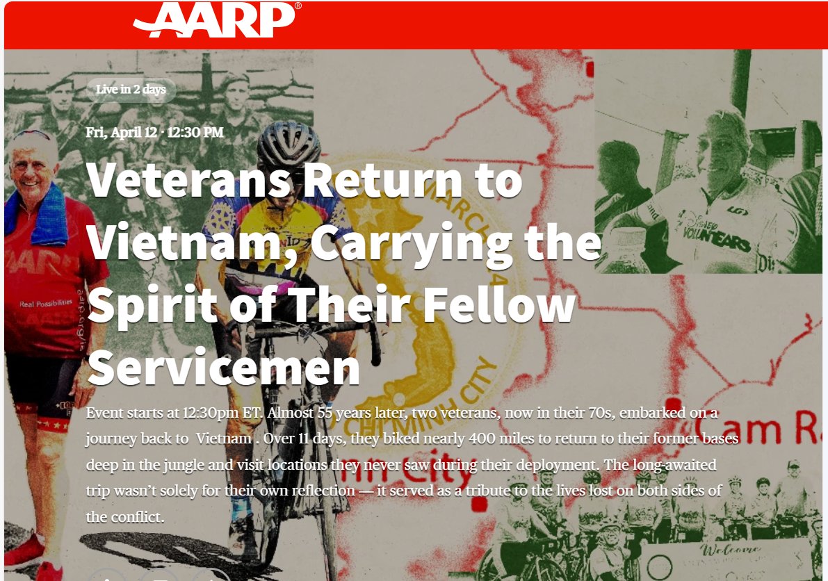 WATCH Friday at noon: Two #veterans, now in their 70s, embarked on a journey back to Vietnam and biked nearly 400 miles to return to their former bases deep in the jungle. Register at: virtualevents.aarp.org/veterans-retur… @CalarcoRosalie @NCDMVA @USOofNC #AARPSalutesVets