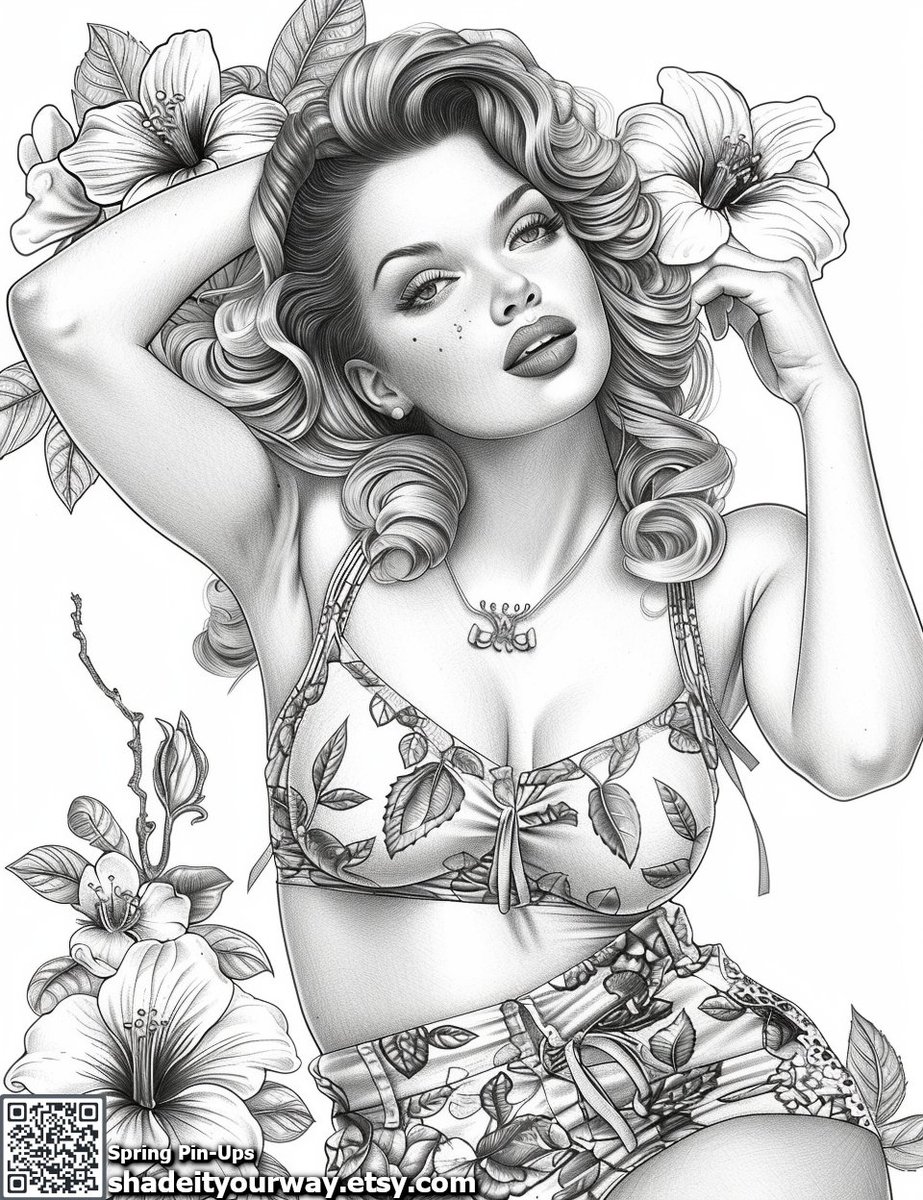 Here is a page from my new book 'Spring Pin-Ups'. Now available on my Etsy shop. Enjoy! shadeityourway.etsy.com

#coloring #ColoringBook #coloringbookpage #Grayscale #adultcoloring #freebies #etsy #EtsySeller #etsystore #beautiful #Retro #pinup #pinupgirl #spring #SpringVibes