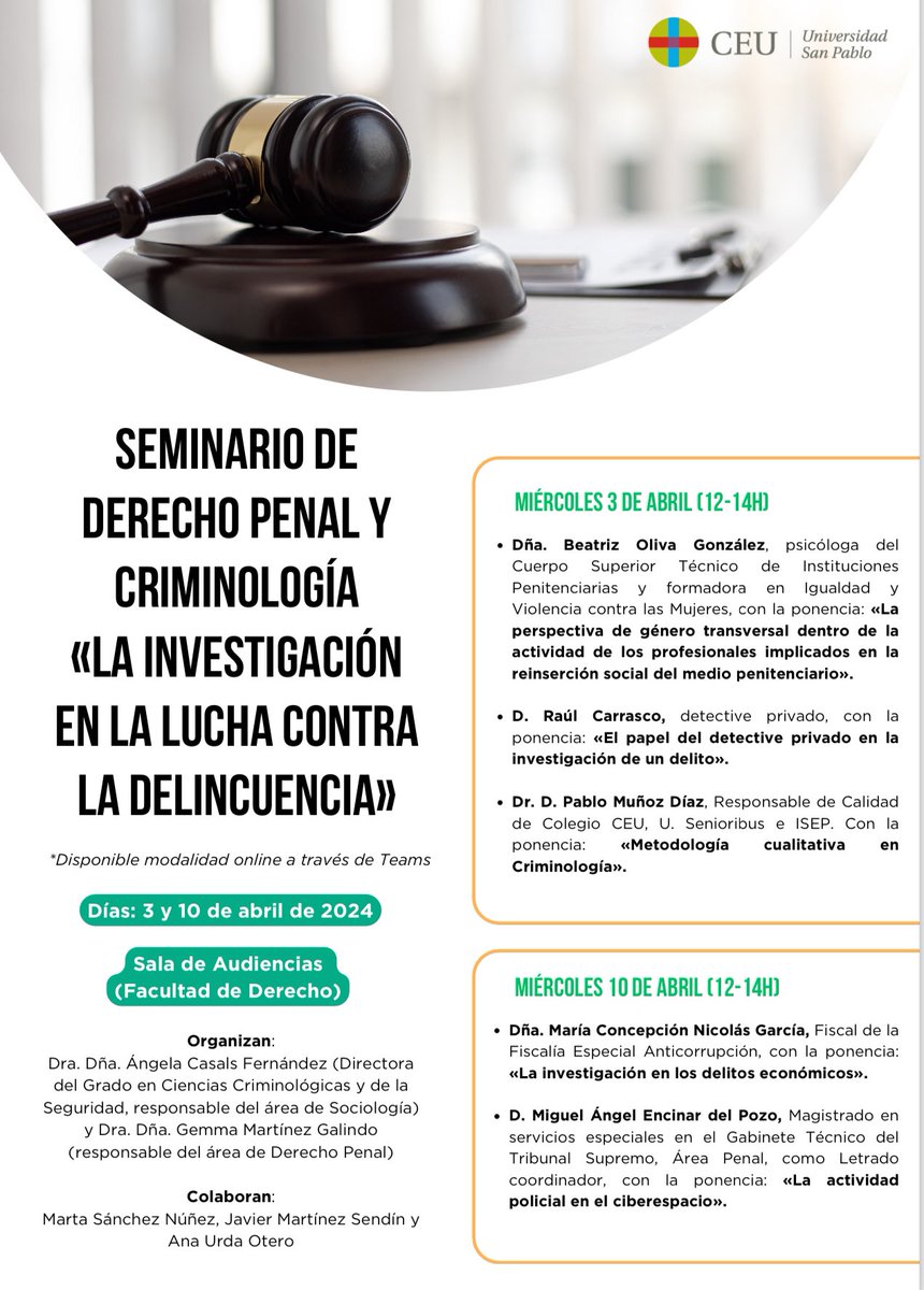 Angela Casals (@angela_casals) on Twitter photo Hoy y el pasado miércoles realizamos el Seminario de Derecho Penal y Criminología en la Facultad de Derecho <a href="/USPCEU/">Universidad CEU San Pablo</a> Gracias Concepción Nicolás, Miguel Ángel Encinar, Beatriz Oliva, Raúl Carrasco y Pablo Muñoz. Muy enriquecedor. Hoy y el pasado miércoles realizamos el Seminario de Derecho Penal y Criminología en la Facultad de Derecho <a href="/USPCEU/">Universidad CEU San Pablo</a> Gracias Concepción Nicolás, Miguel Ángel Encinar, Beatriz Oliva, Raúl Carrasco y Pablo Muñoz. Muy enriquecedor.