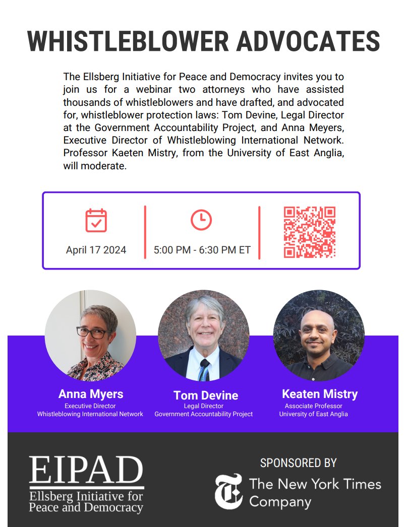 🗓️Event: 2024 Ellsberg Conference: Whistleblower Advocates Wednesday, the 17th April 2024, join the Ellsberg Initiative for Peace and Democracy, for their webinar ‘Whistleblower Advocates’, see the link below for more information. #Whistleblower #advocacy bit.ly/3xuYPSI