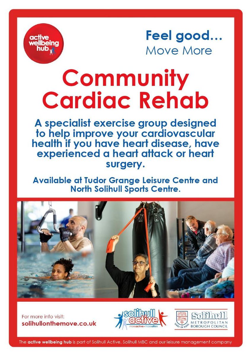 Community Cardiac Rehab is now available at Tudor Grange Leisure Centre, for people with heart disease and those that have experienced a cardiac event. Find out more about how to be referred and join, via solihullonthemove.co.uk/get-support-to… Also available at North Solihull Sports Centre.