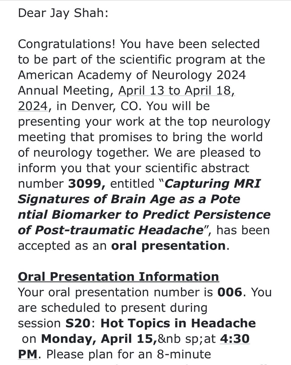 Looking forward to my first oral presentation at #AANAM this year 🧠 where I will be sharing our findings on detecting brain-aging signatures in Migraine & Post-Traumatic Headache patients using #AI. Research led by @schwedtt, @chongcd1 & teams from @SCAI_ASU and @MayoClinic.