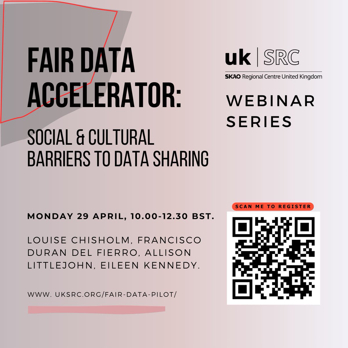 Join us at our next Webinar on April 29th, 10 am BST and find out about the social & cultural barriers that hinder research #DataSharing Registration link: ucl.zoom.us/meeting/regist… . @Lou_Chisholm @FDurandelfierro #RDM #FAIRDataAccelerator #openscience