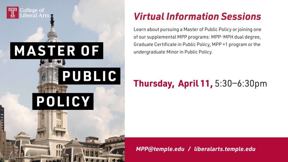 Temple College of Liberal Arts (@tuliberalarts) on Twitter photo Join the Master of Public Policy Virtual Info Session tomorrow! This is the last session until the fall, so don't miss it! <a href="/TUpolisci/">Temple PoliSci</a>
events.temple.edu/public-policy-… Join the Master of Public Policy Virtual Info Session tomorrow! This is the last session until the fall, so don't miss it! <a href="/TUpolisci/">Temple PoliSci</a>
events.temple.edu/public-policy-…