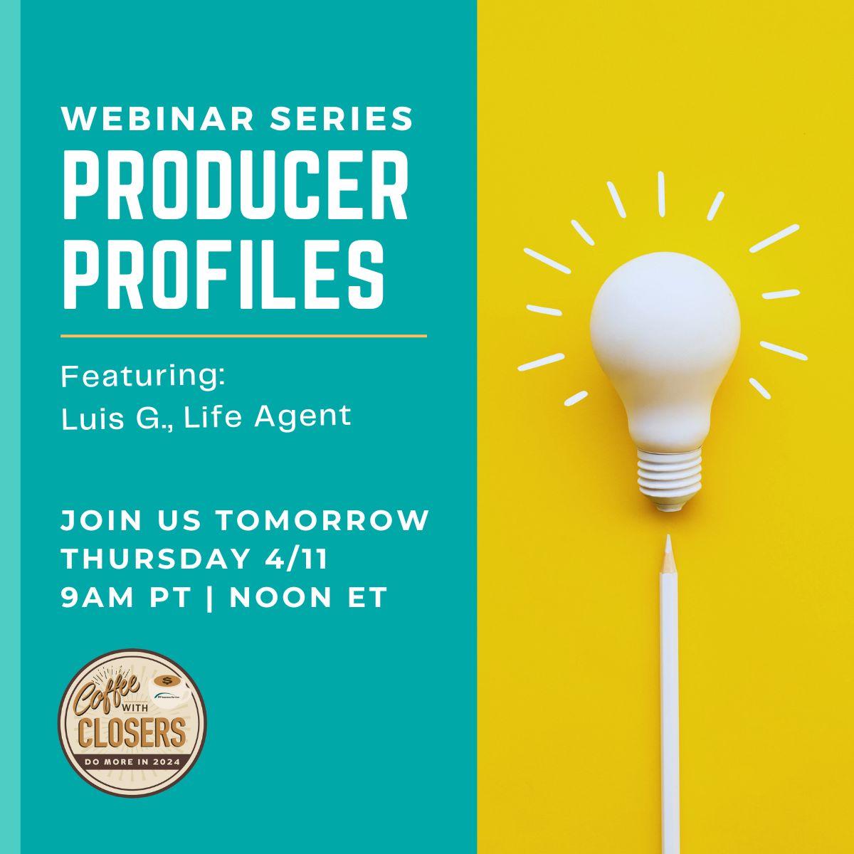 Join us tomorrow! Life agent Luis G will share how his strategies are making a significant difference in his production. Register here: buff.ly/3UdlyM7

#FFP #coffeewithclosers #webinar #lifeinsurance #insuranceagency #lifeagent #success #DoMorein2024 #ProducerProfiles