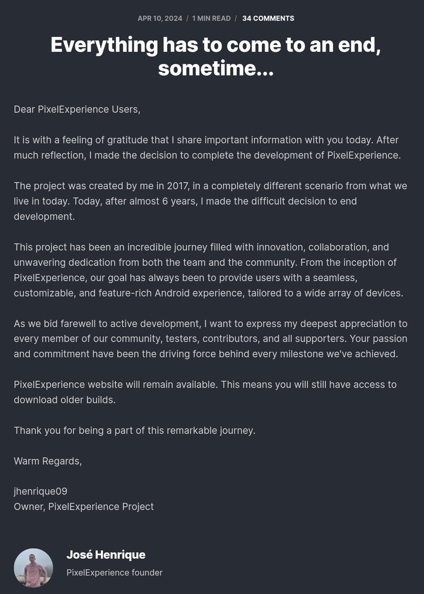 yabhishekhd's tweet photo. Pixel Experience Project is discontinued after 6 years. https://t.co/gmbBbcr2TA
