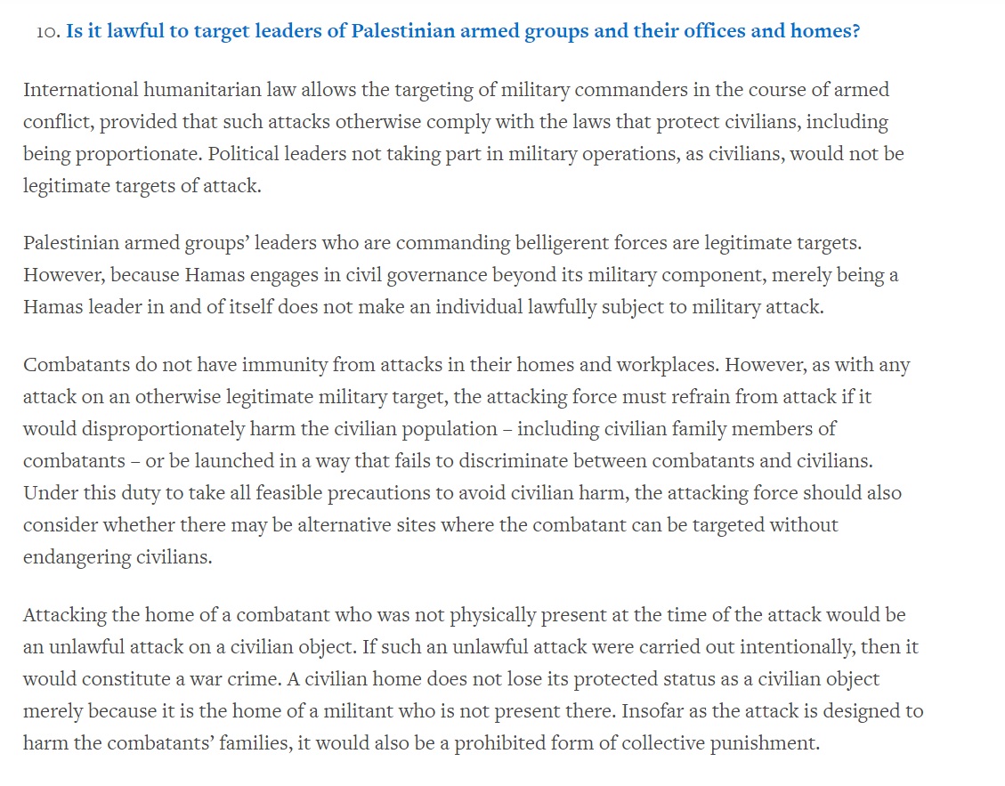 Let’s be clear: Relatives of combatants that are not involved in the fighting are civilians. Even political leaders—if uninvolved in military ops—are not legitimate targets under laws of war. Deliberate attacks on civilians are heinous war crimes that have no justification. Ever.