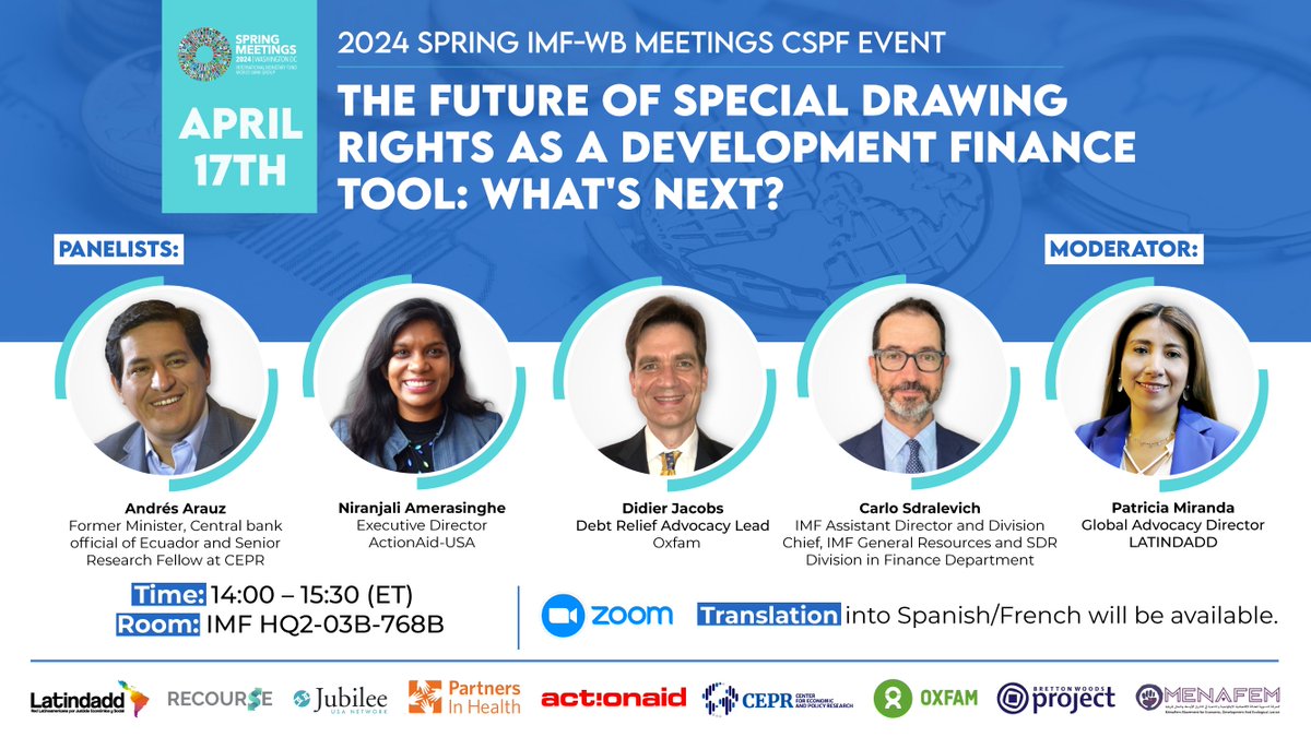 Latindadd_Eng's tweet photo. 🔵 #SpringMeetings – #CSPF2024 EVENT | We invite you to our session The future of Special Drawing Rights as a development finance tool: What’s next? where we will debate the merits and caveats of future SDR allocations and reforms, their use for development and climate finance.
📌 Click here to join: https://t.co/dl9MMjXeUb
🗓️ Date: April 17th 
⏰  Time: 14:00 (ET)

#IMF #worldbank 
@ecuarauz